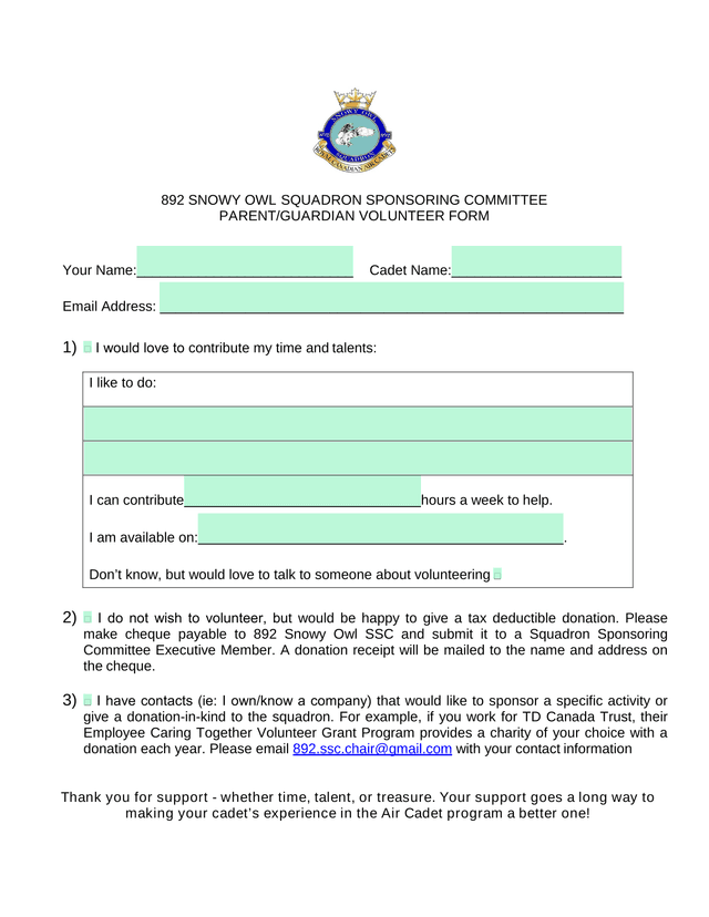 892 Snowy Owl Squadron Sponsoring Committee ParentGuardian Volunteer Form screenshot
