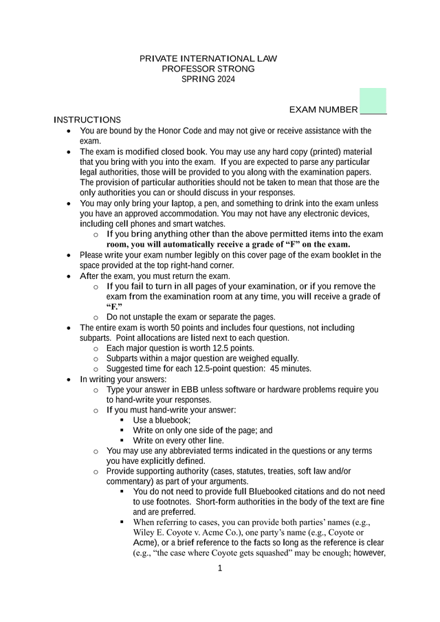 Private International Law Exam Instructions screenshot