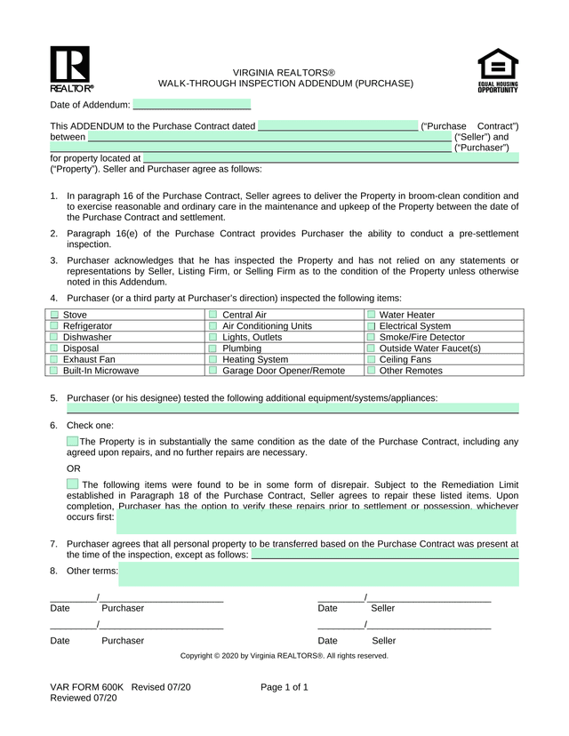 VAR FORM 600K WALK THROUGH INSPECTION ADDENDUM (PURCHASE) screenshot