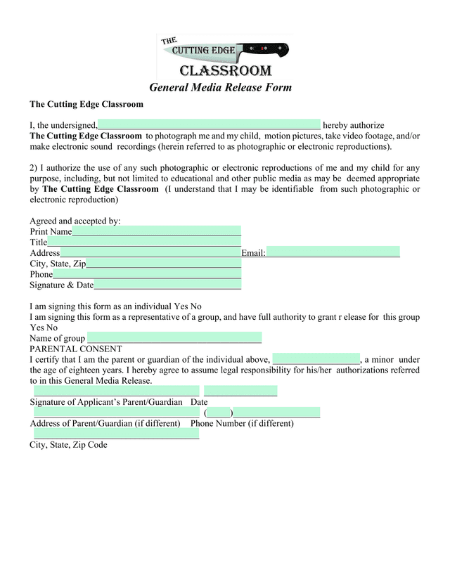 General Media Release Form screenshot