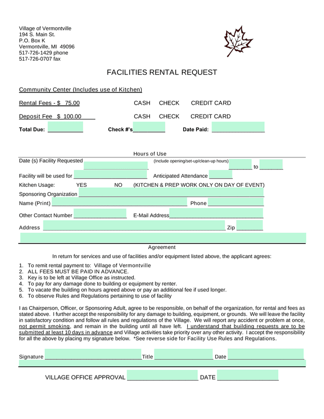 Facilities Rental Request screenshot