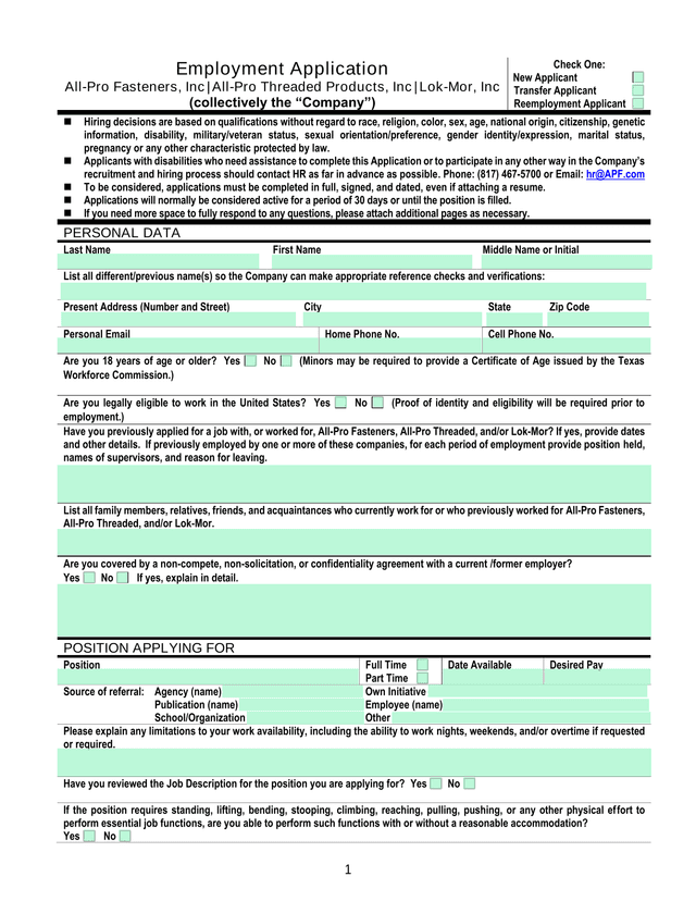 Employment Application screenshot