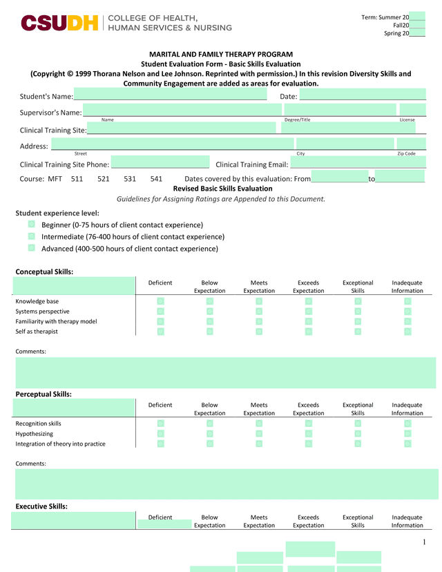 Marital And Family Therapy Program Student Evaluation Form   Basic Skills Evaluation screenshot