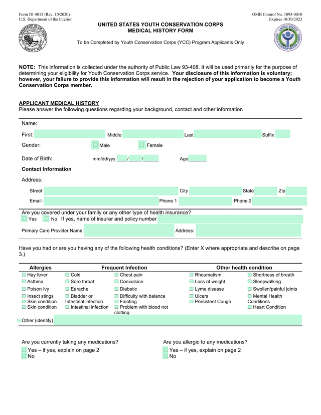 Form DI 4015 United States Youth Conservation Corps Medical History Form screenshot