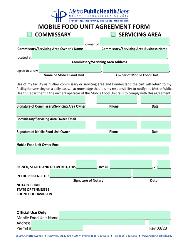 Mobile Food Unit Agreement Form screenshot