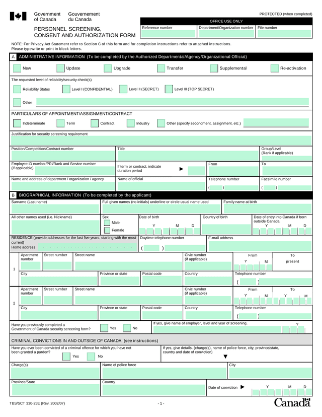 Personnel Screening, Consent And Authorization Form screenshot