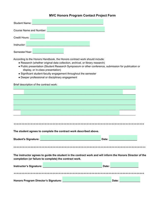 MVC Honors Program Contact Project Form screenshot