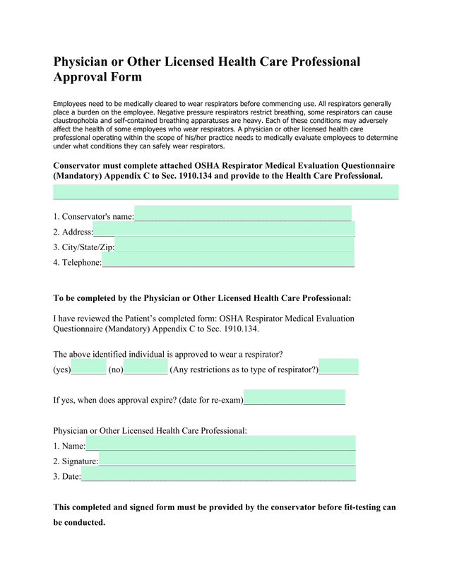 Physician Or Other Licensed Health Care Professional Approval Form screenshot