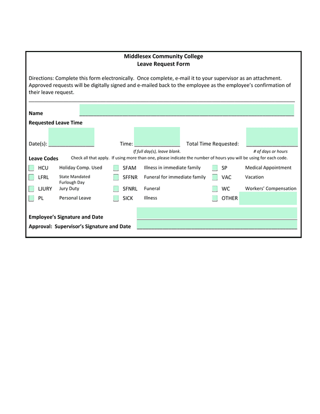 Middlesex Community College Leave Request Form screenshot