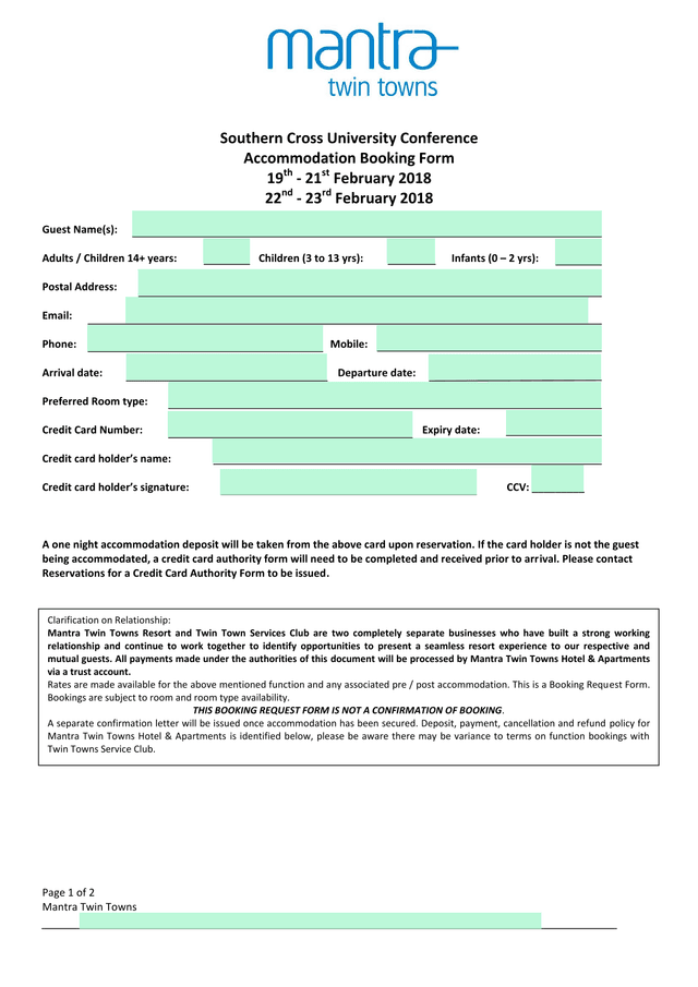 Southern Cross University Conference Accommodation Booking Form screenshot