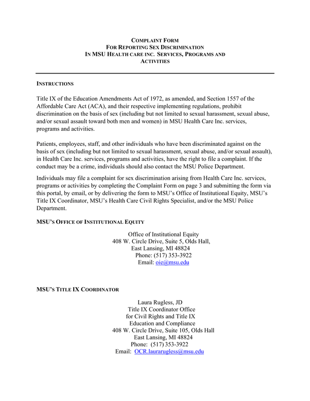 Complaint Form For Reporting Sex Discrimination In MSU Health Care Inc. Services, Programs And Activ screenshot
