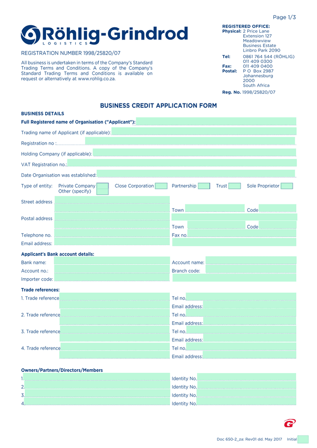 BUSINESS CREDIT APPLICATION FORM screenshot