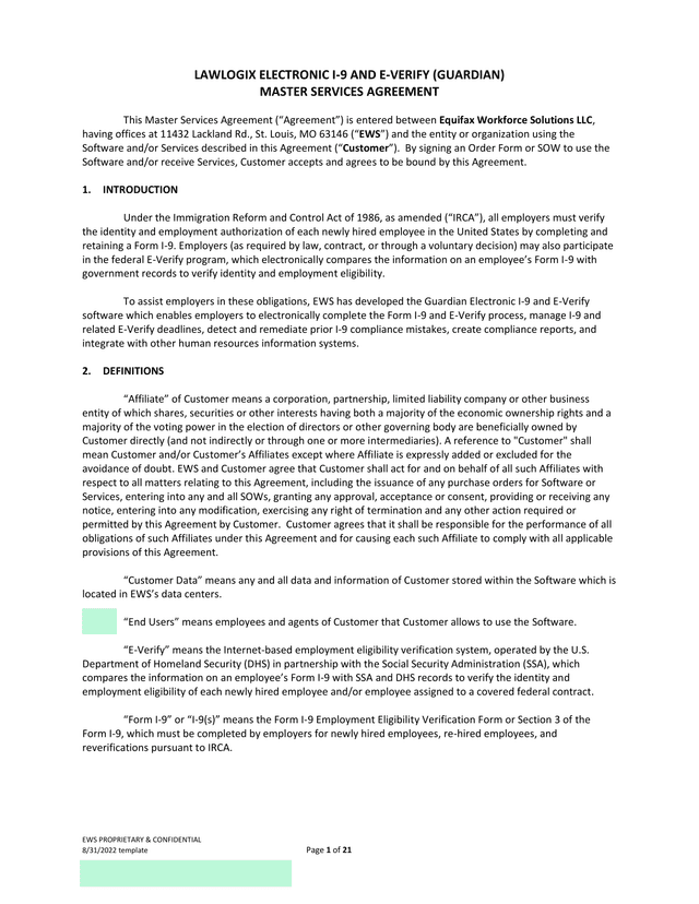 LAWLOGIX ELECTRONIC I 9 AND E VERIFY (GUARDIAN) MASTER SERVICES AGREEMENT screenshot