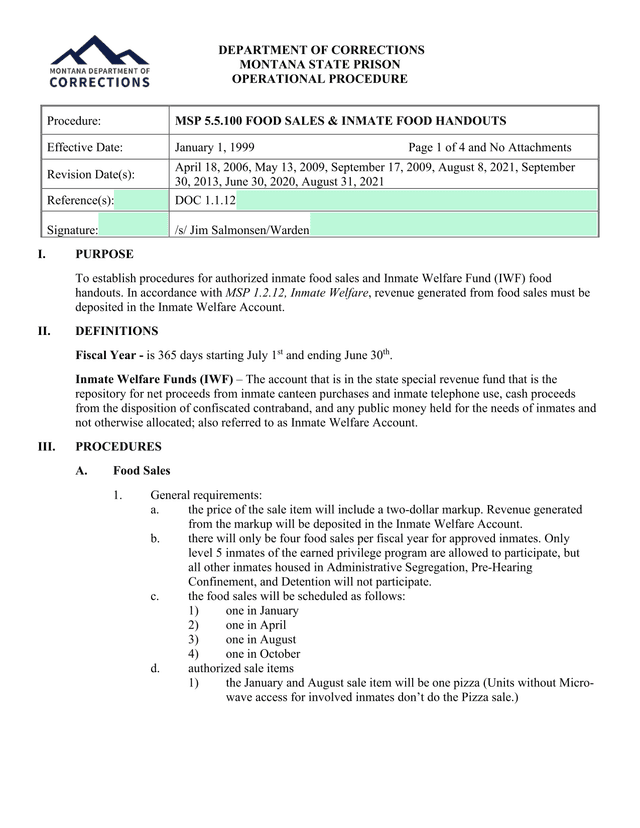 MSP 5.5.100 FOOD SALES  INMATE FOOD HANDOUTS screenshot