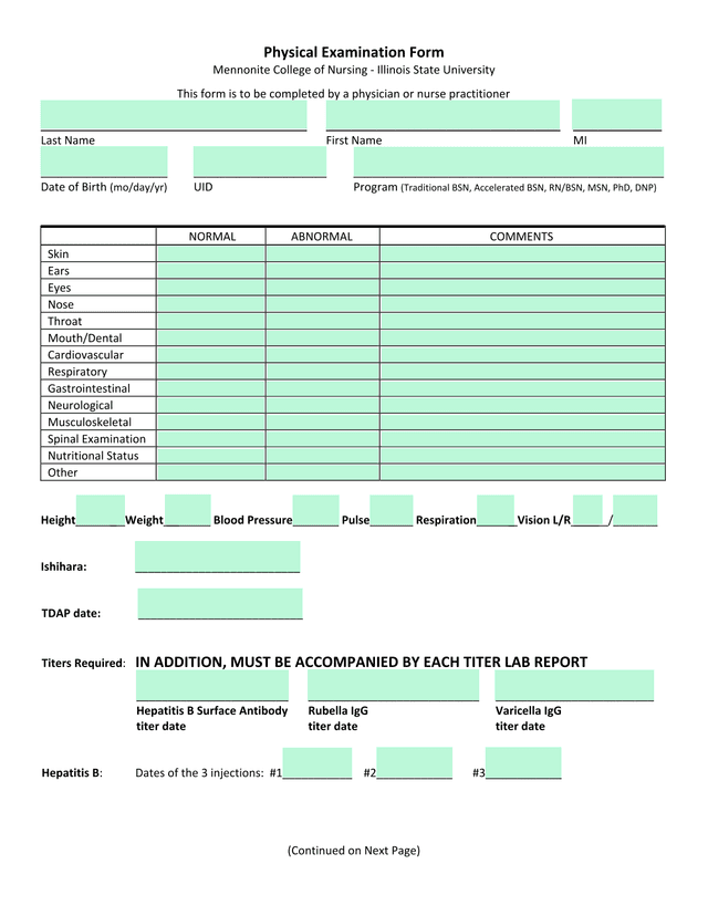 Physical Examination Form screenshot
