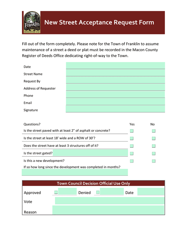 New Street Acceptance Request Form screenshot