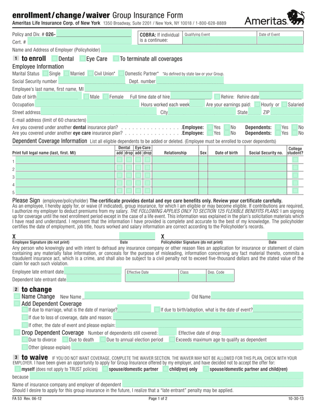 Dental And Eye Care Insurance Enrollment Form screenshot