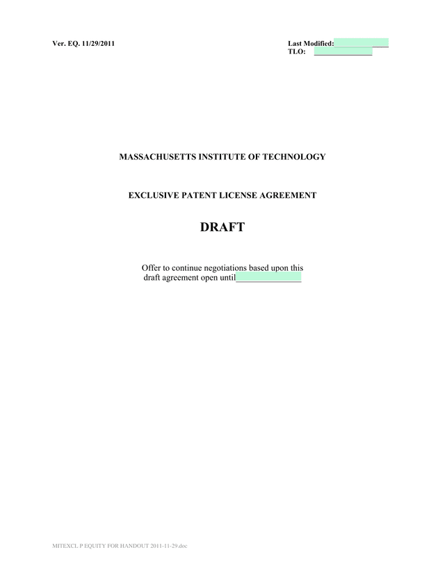 MASSACHUSETTS INSTITUTE OF TECHNOLOGY EXCLUSIVE PATENT LICENSE AGREEMENT screenshot
