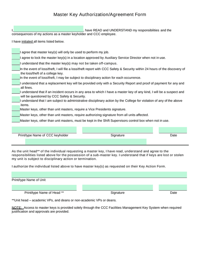 Master Key AuthorizationAgreement Form screenshot