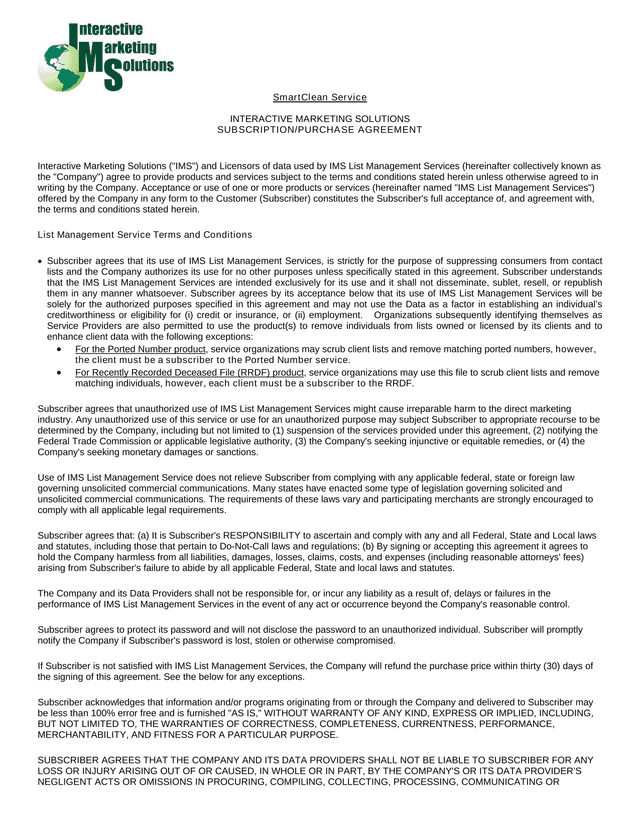 SmartClean Service Interactive Marketing Solutions SubscriptionPurchase Agreement screenshot