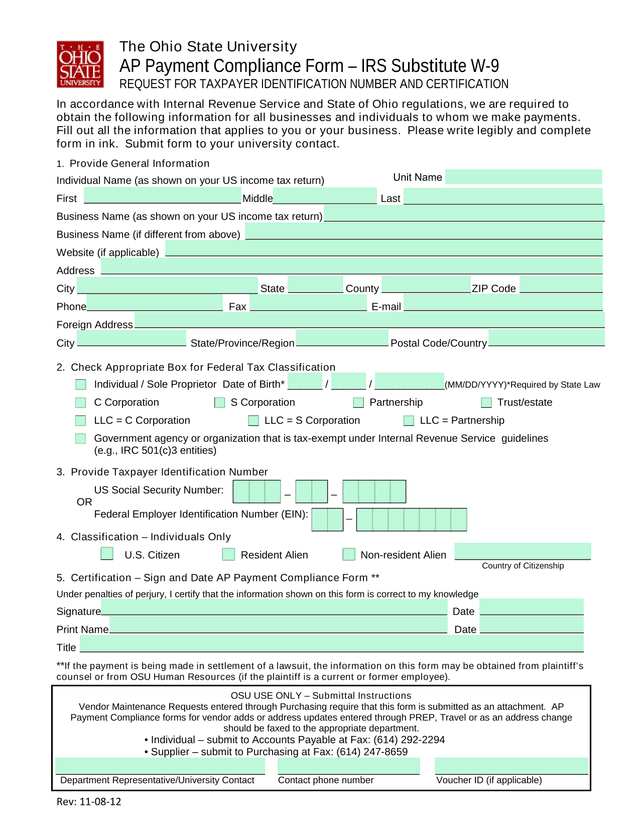 AP Payment Compliance Form  IRS Substitute W 9 screenshot