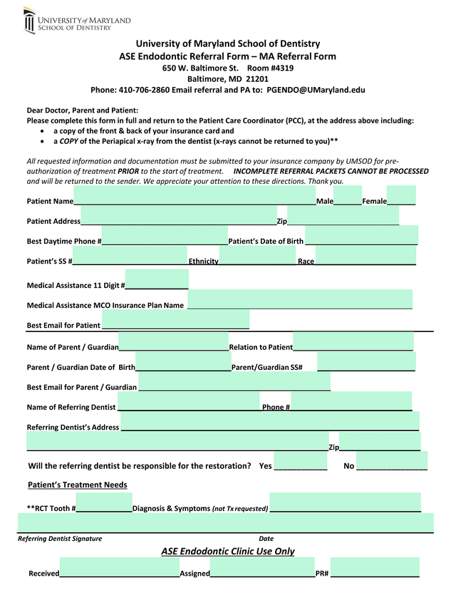 ASE Endodontic Referral Form  MA Referral Form screenshot
