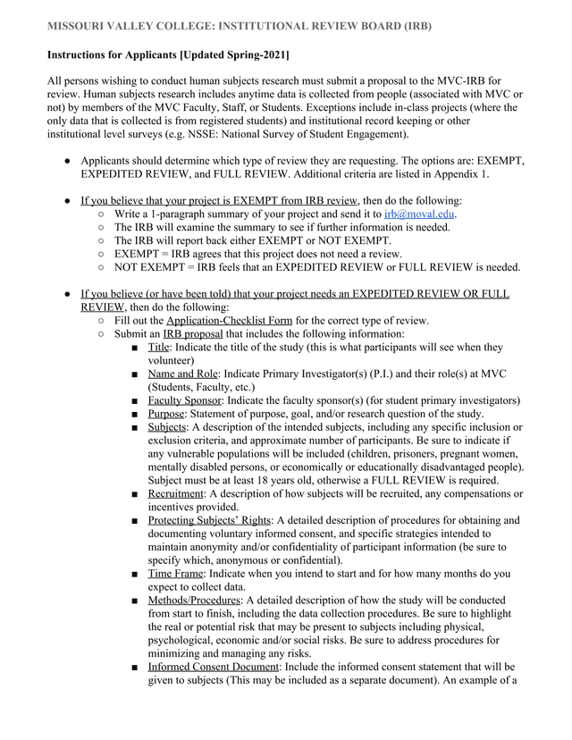 Missouri Valley College Institutional Review Board (IRB) Instructions For Applicants screenshot