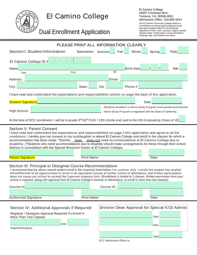El Camino College Dual Enrollment Application screenshot