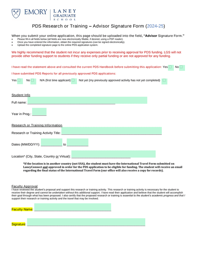 PDS Research Or Training  Advisor Signature Form (2024 25) screenshot