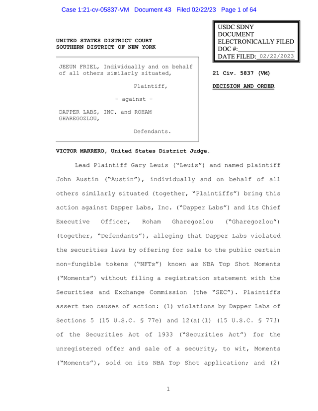 Friel V. Dapper Labs, Inc. Et Al screenshot