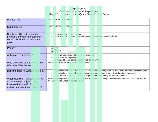 Rapid Cycle Improvement Quick Strike Project Form screenshot