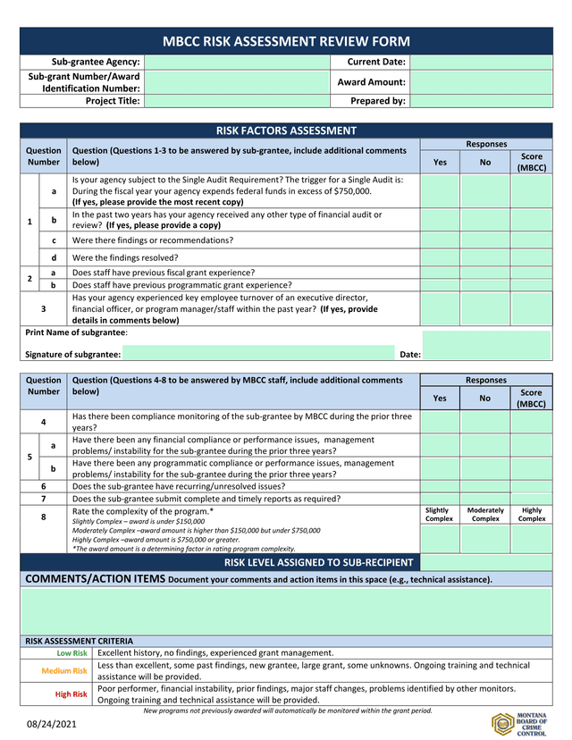 MBCC Risk Assessment Review Form screenshot