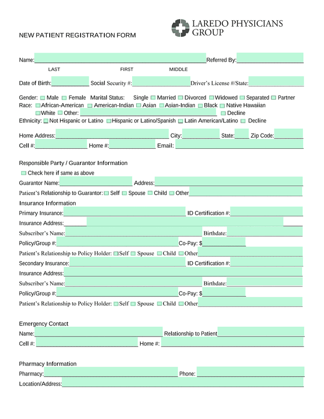 NEW PATIENT REGISTRATION FORM screenshot