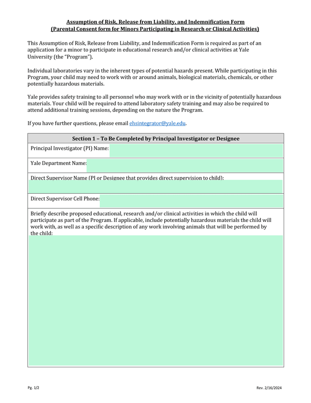 Assumption Of Risk, Release From Liability, And Indemnification Form screenshot