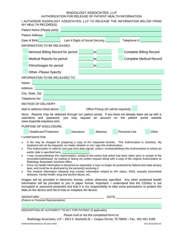 Authorization For Release Of Patient Health Information screenshot