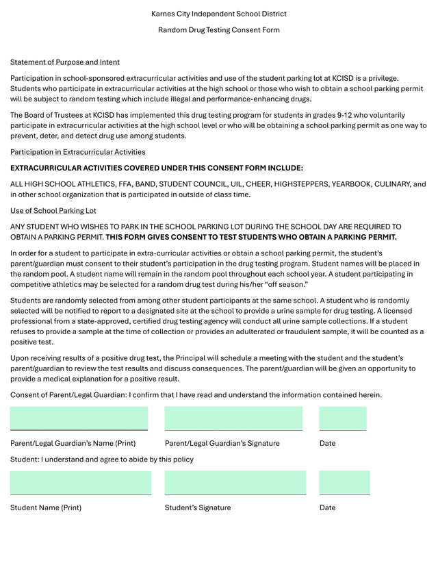 Karnes City Independent School District Random Drug Testing Consent Form screenshot