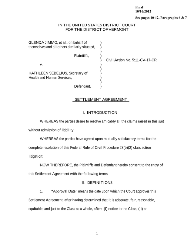 Jimmo V. Sebelius Settlement Agreement screenshot