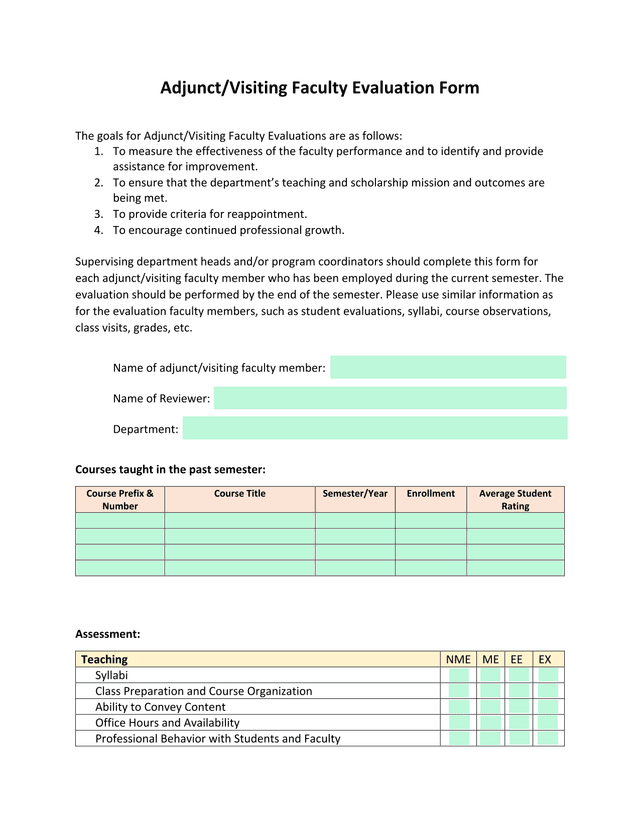AdjunctVisiting Faculty Evaluation Form screenshot