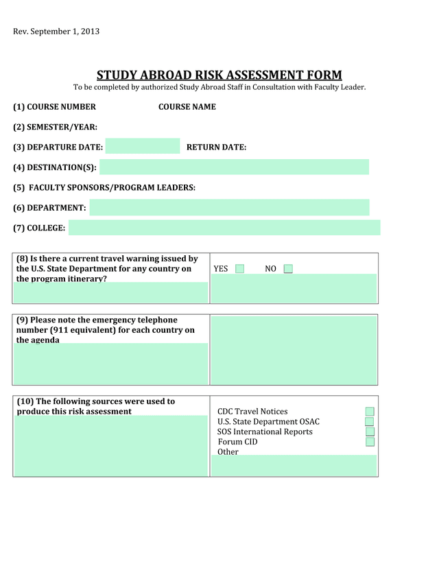 Study Abroad Risk Assessment Form screenshot