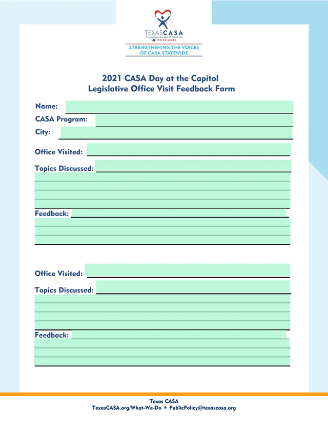2021 CASA Day At The Capitol Legislative Office Visit Feedback Form screenshot
