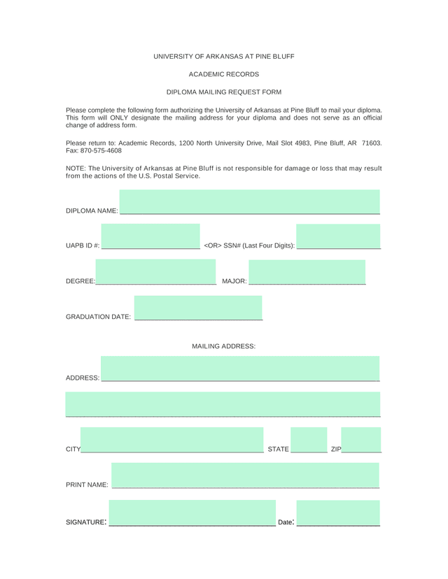 Diploma Mailing Request Form screenshot
