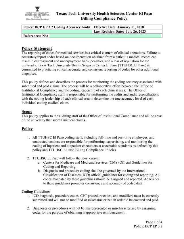 Texas Tech University Health Sciences Center El Paso Billing Compliance Policy screenshot