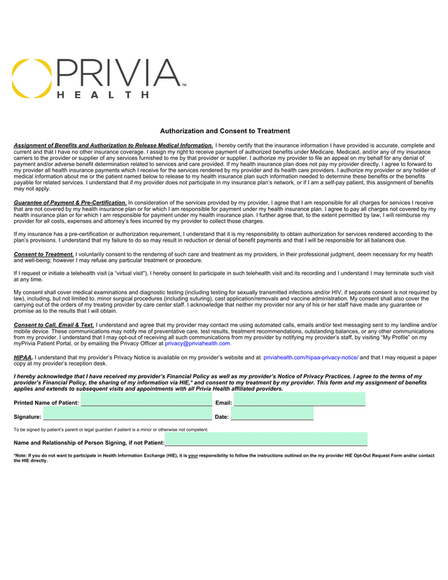 Authorization And Consent To Treatment screenshot