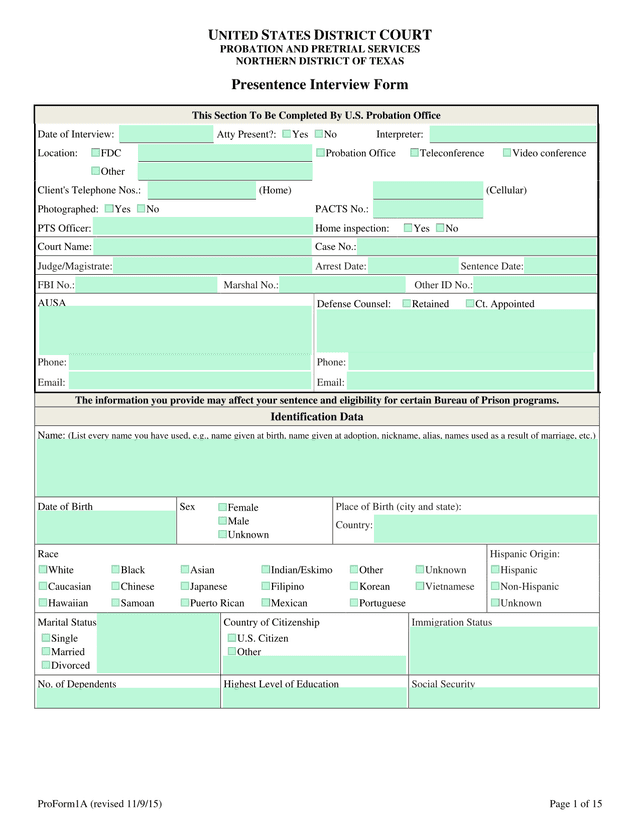 Presentence Interview Form screenshot