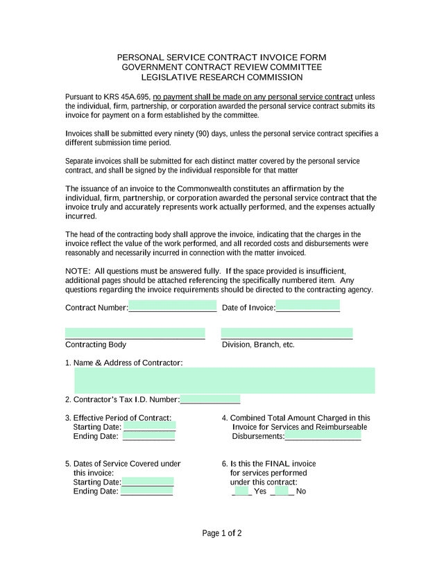 Personal Service Contract Invoice Form screenshot