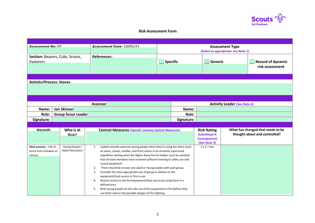 Risk Assessment Form screenshot