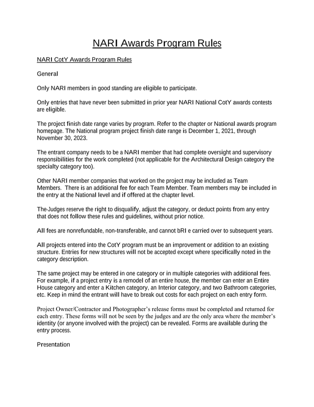 NARI Awards Program Rules screenshot
