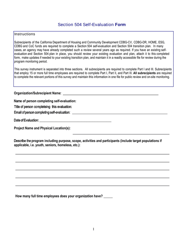Section 504 Self Evaluation Form screenshot