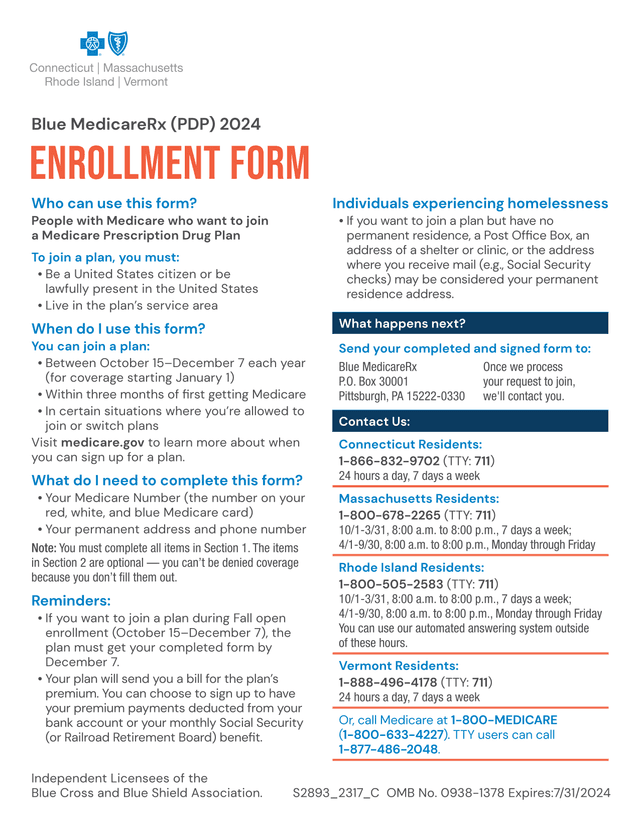 Blue MedicareRx (PDP) 2024 ENROLLMENT FORM screenshot