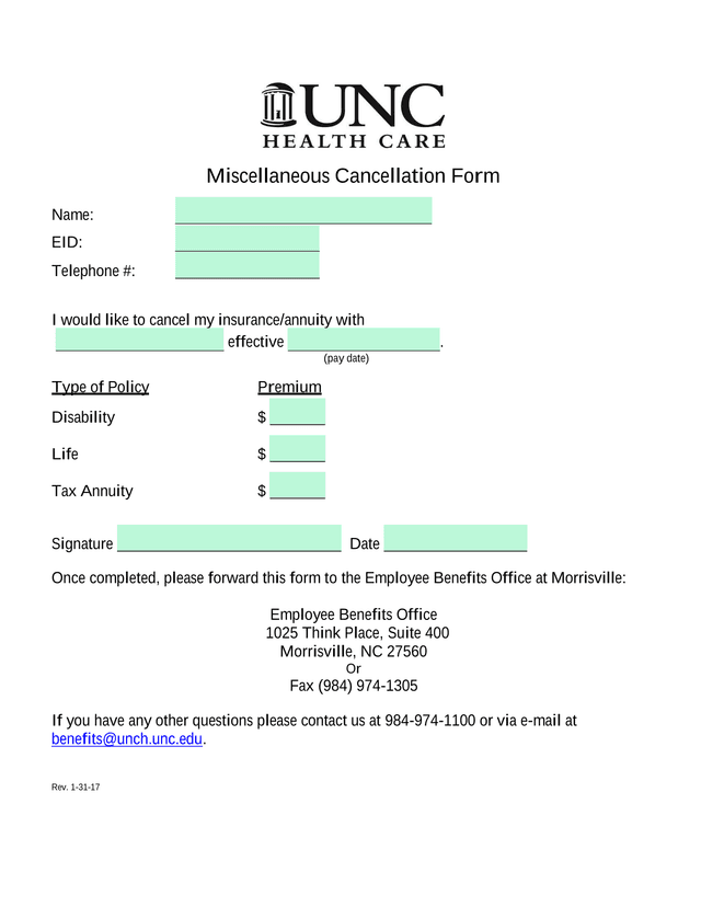 Miscellaneous Cancellation Form screenshot